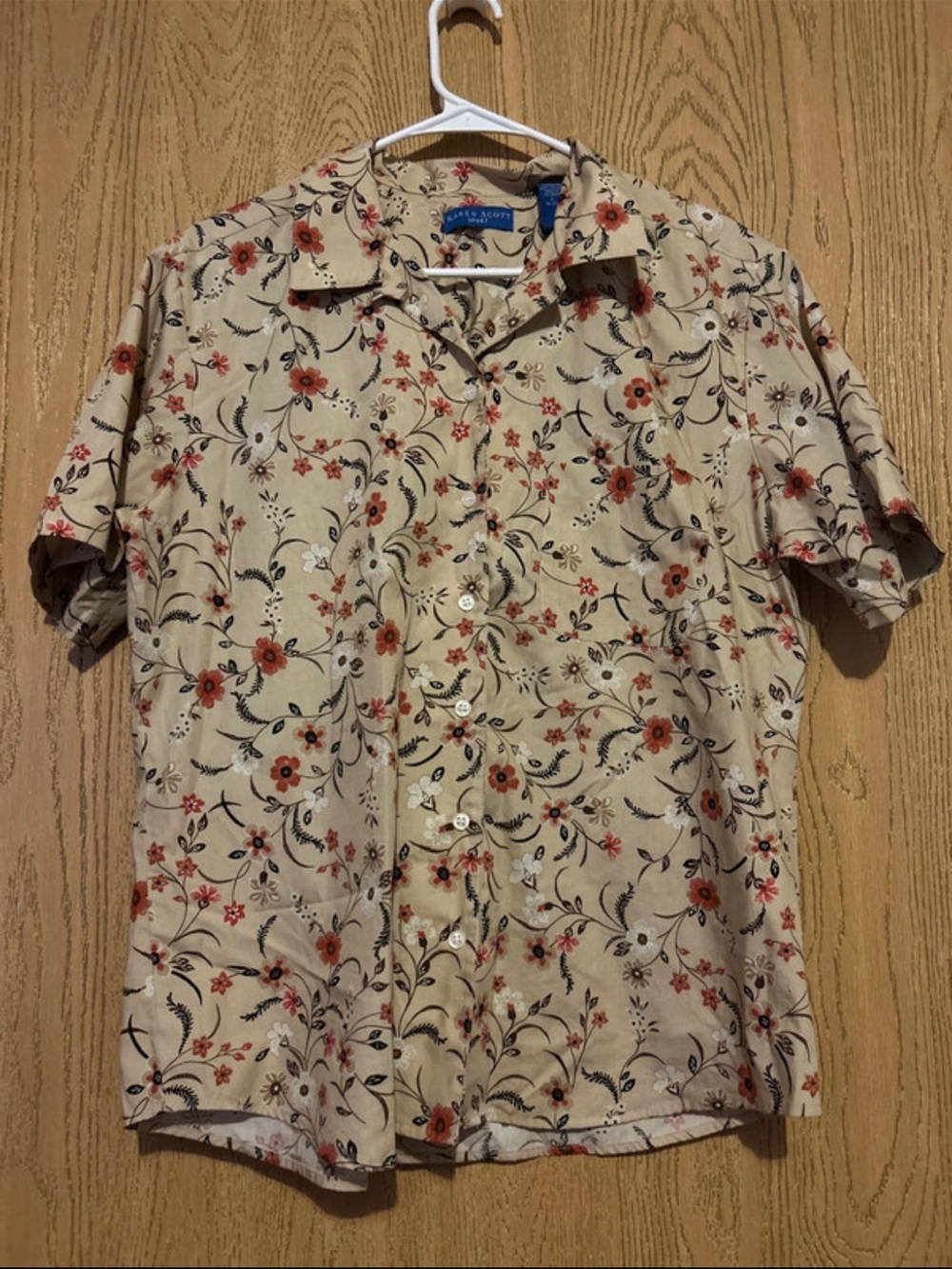 Karen Scott Cream Button-Front Floral Short Sleeve Shirt